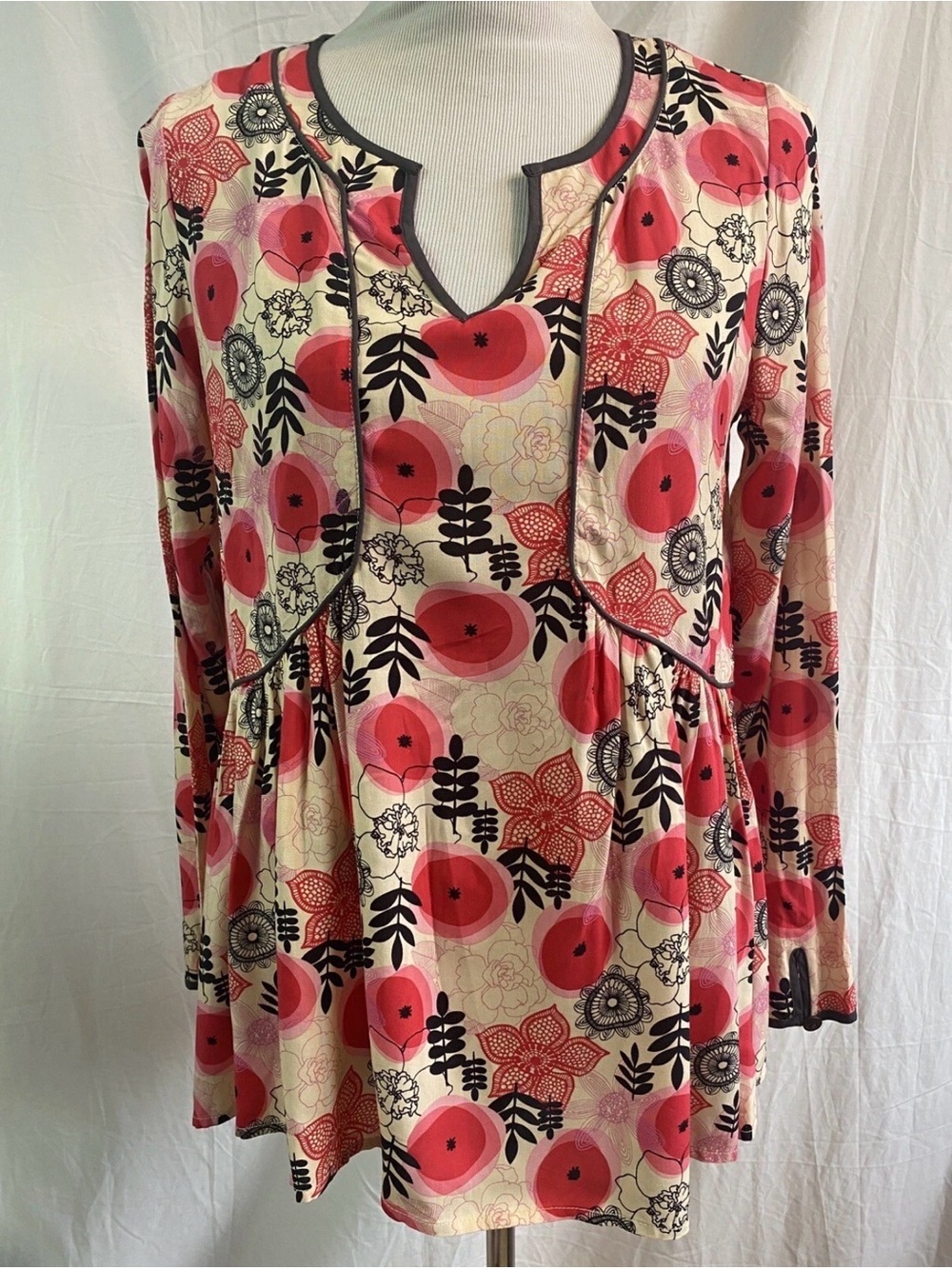 Matilda Jane Pink Multicolor Yoked Peplum Tunic Blouse Long Sleeve Romantic S